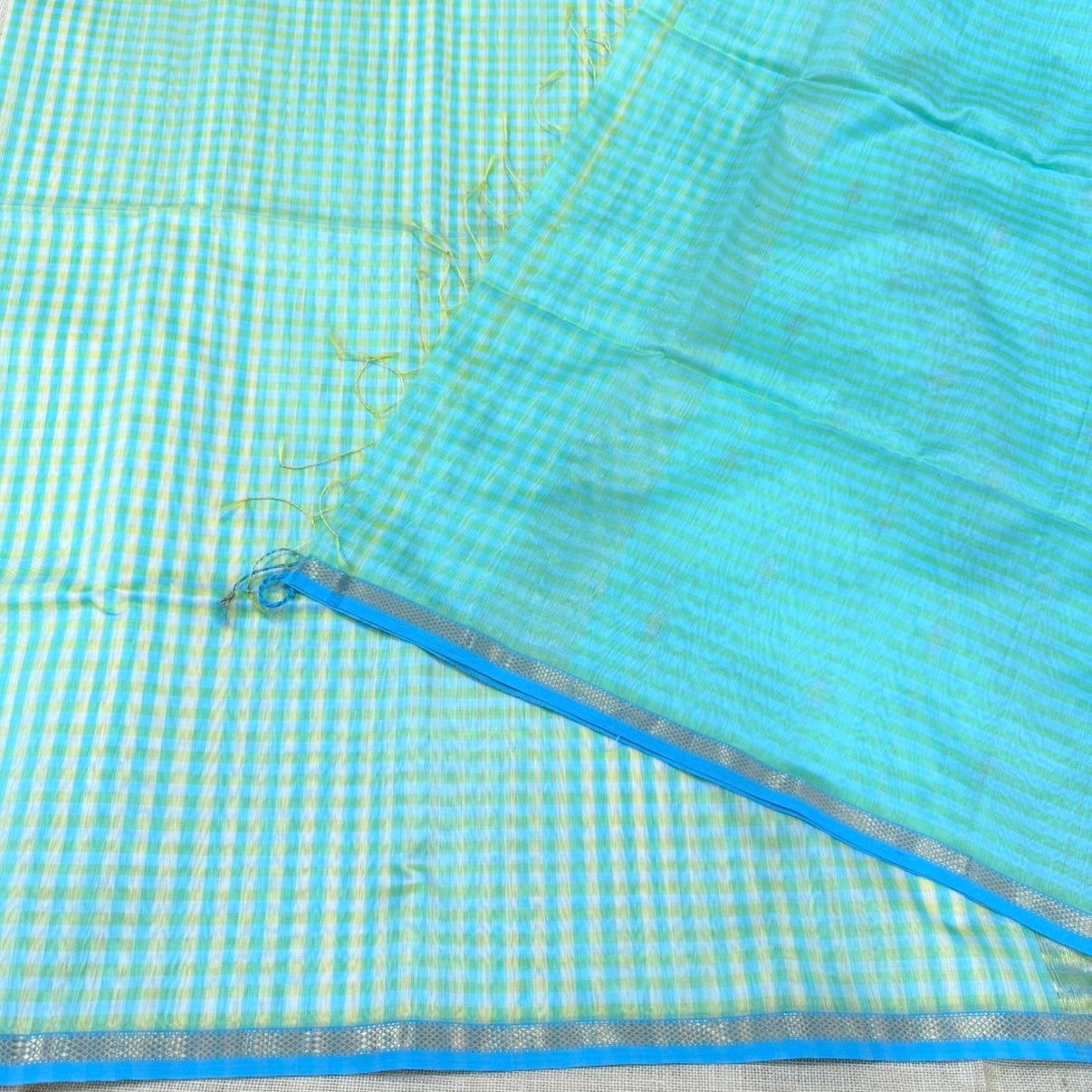 Sky Blue Yellow Checked Maheshwari Silk Cotton Saree