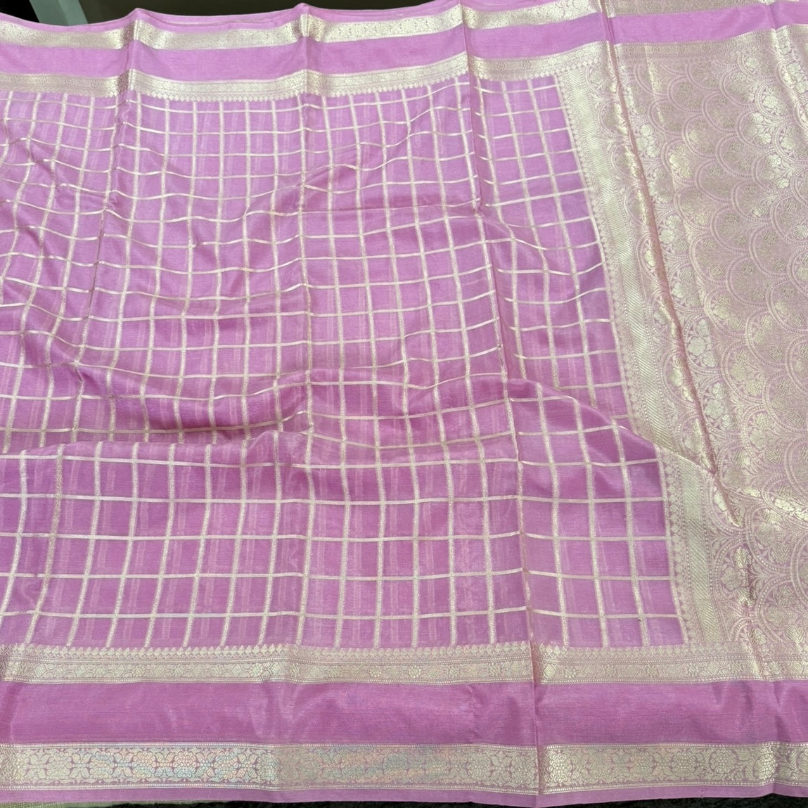 Lilac Checked Raw Silk Saree
