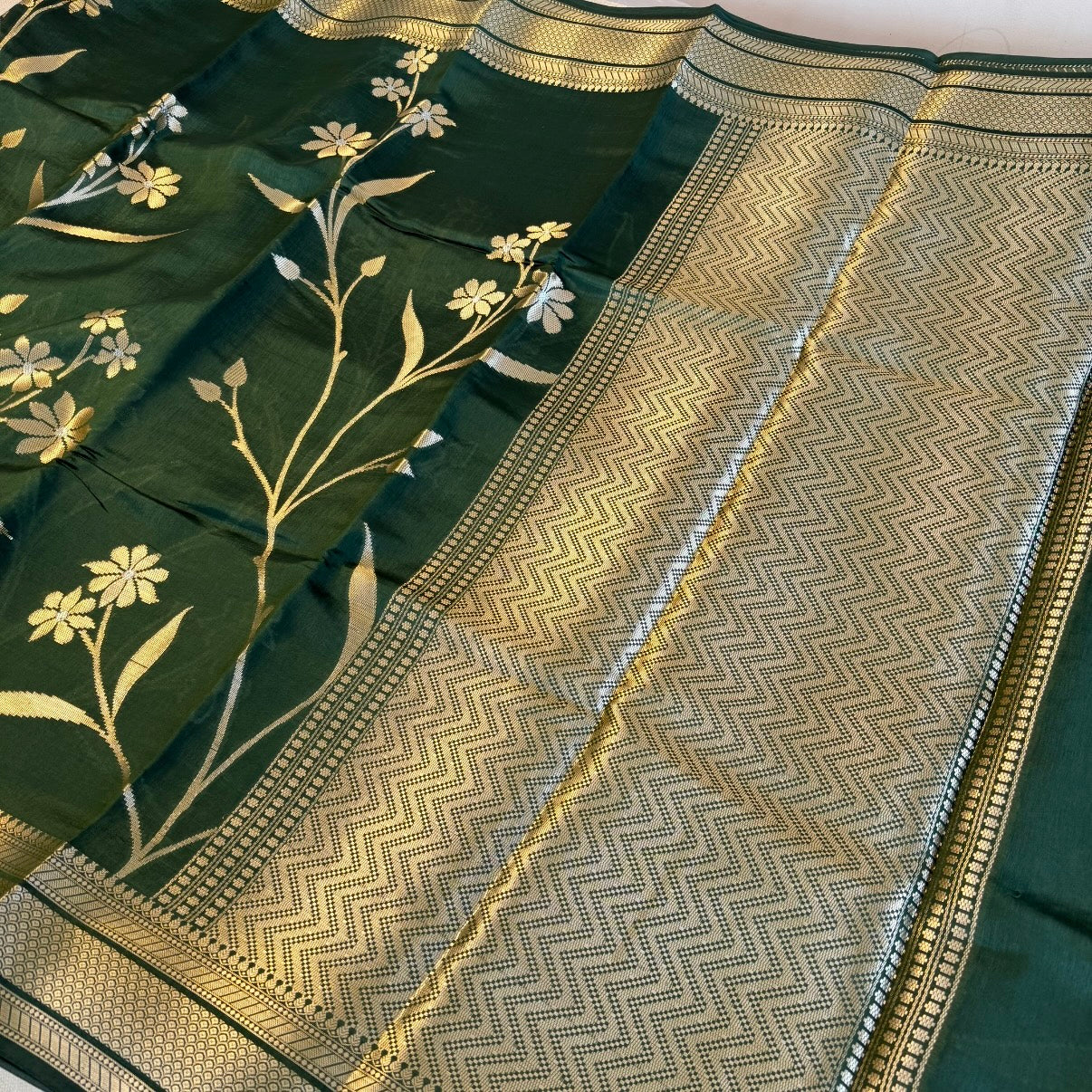 Bottle Green Pure Raw Mango Banarasi Silk Saree