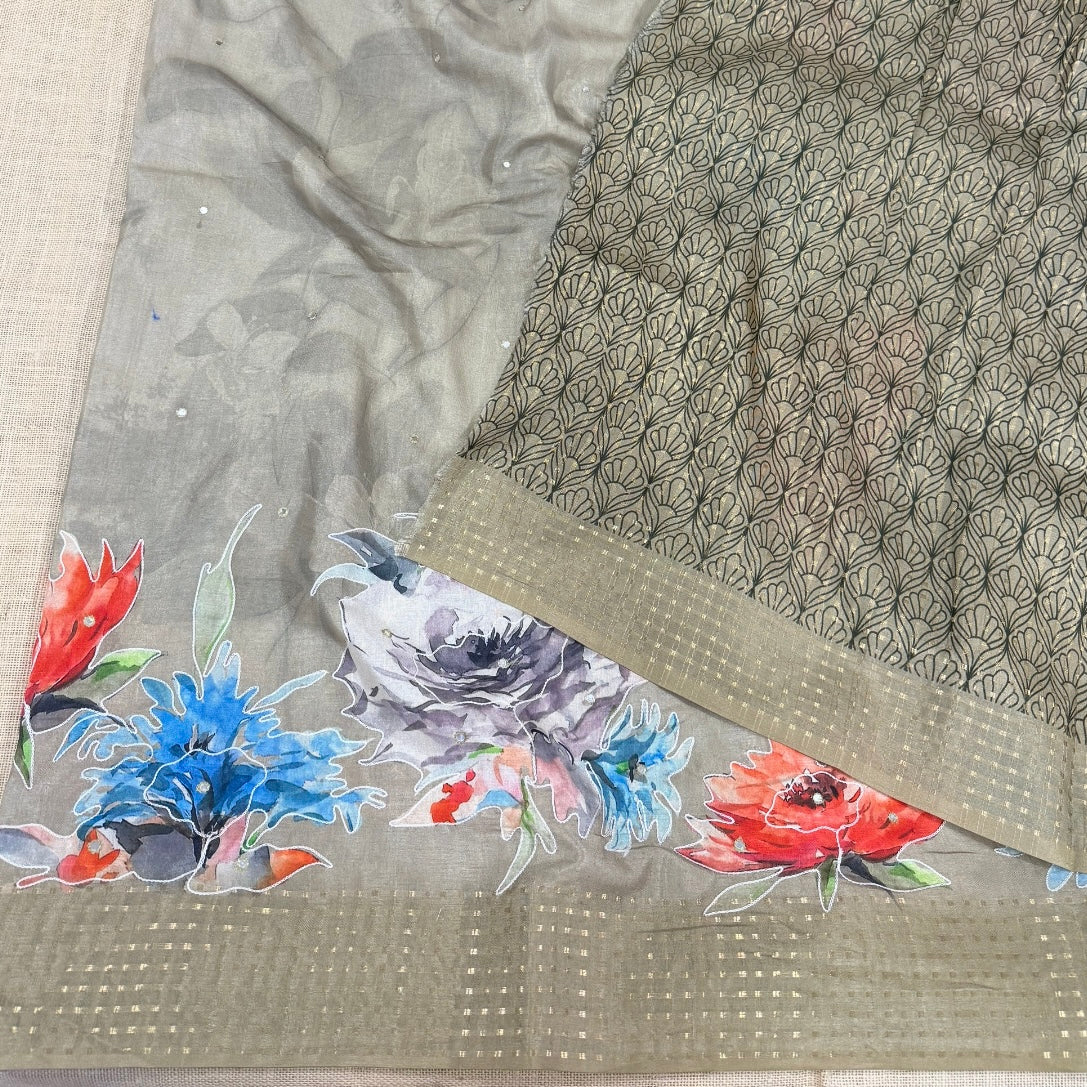 Olive Floral Fancy Embroidery Saree