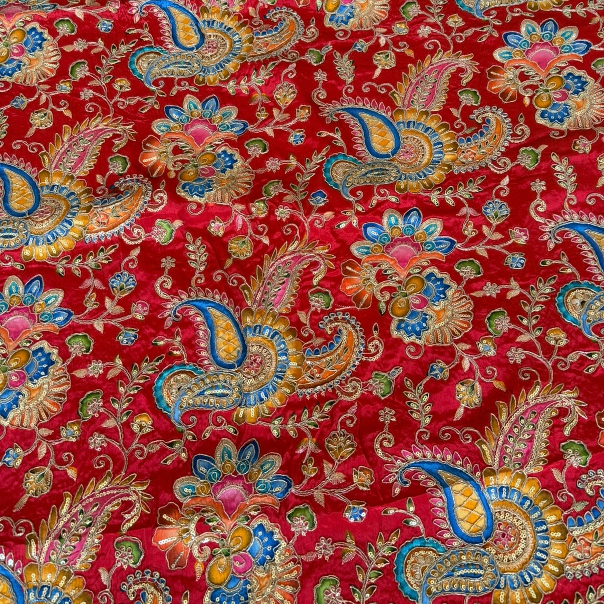 Red Designer Paisley Floral Embroidery Crepe Blouse Fabric