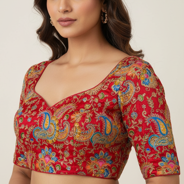 Red Designer Paisley Floral Embroidery Crepe Blouse Fabric