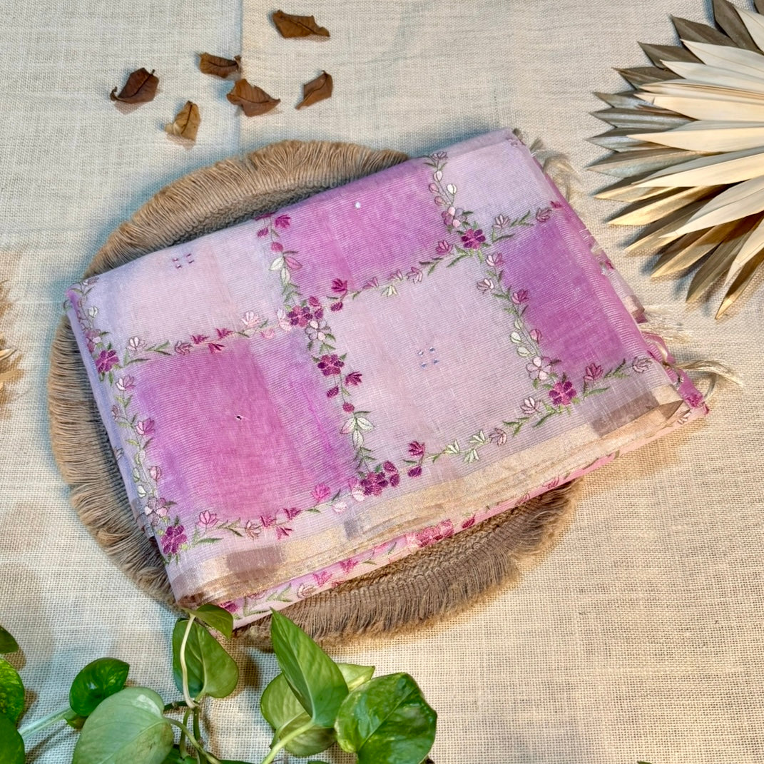 Pink Floral Embroidery Tissue Linen Saree