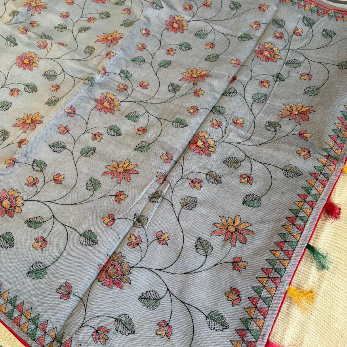 Grey Kota Floral Embroidery Saree