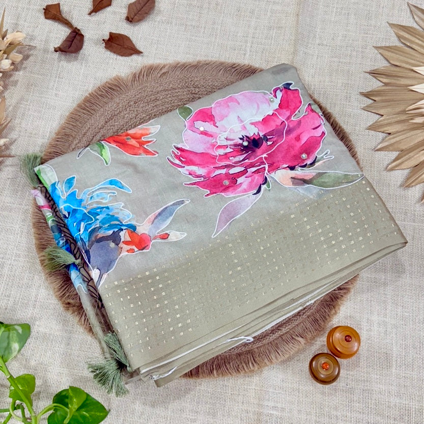 Olive Floral Fancy Embroidery Saree