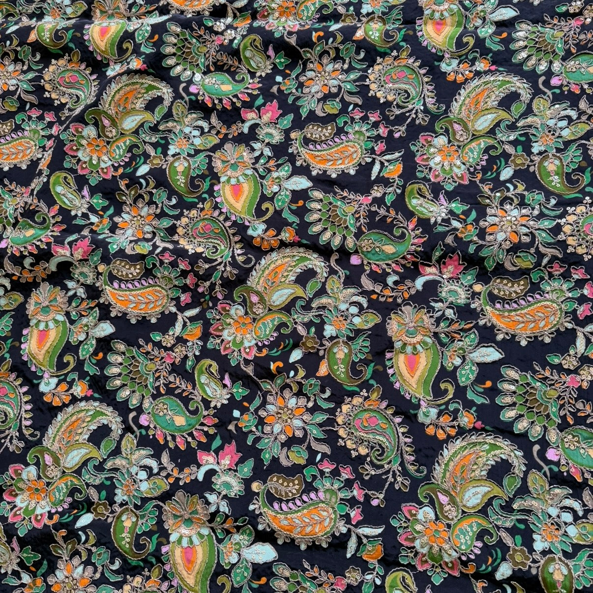 Black Designer Paisley Floral Embroidery Crepe Blouse Fabric
