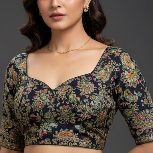 Black Designer Paisley Floral Embroidery Crepe Blouse Fabric