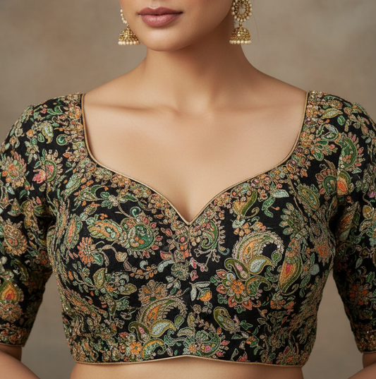 Black Designer Paisley Floral Embroidery Crepe Blouse Fabric