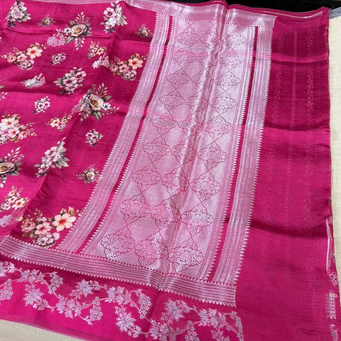 Pink Floral Digital Raw Mango Silk Saree