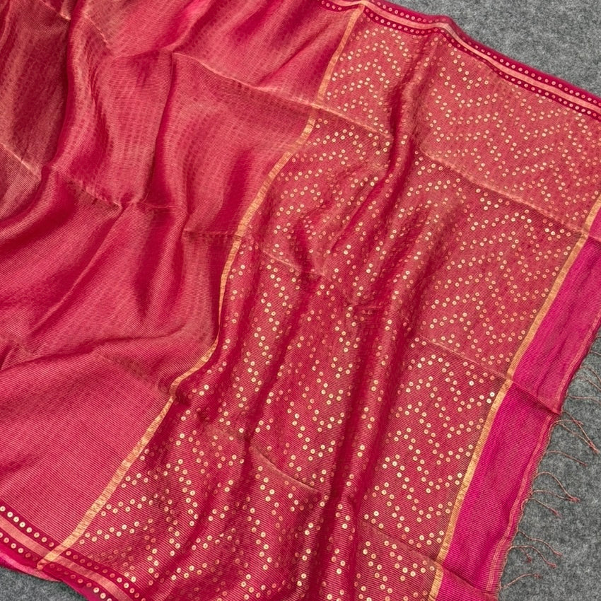 Rani Pink Pure Muslin Tissue Sequin Saree