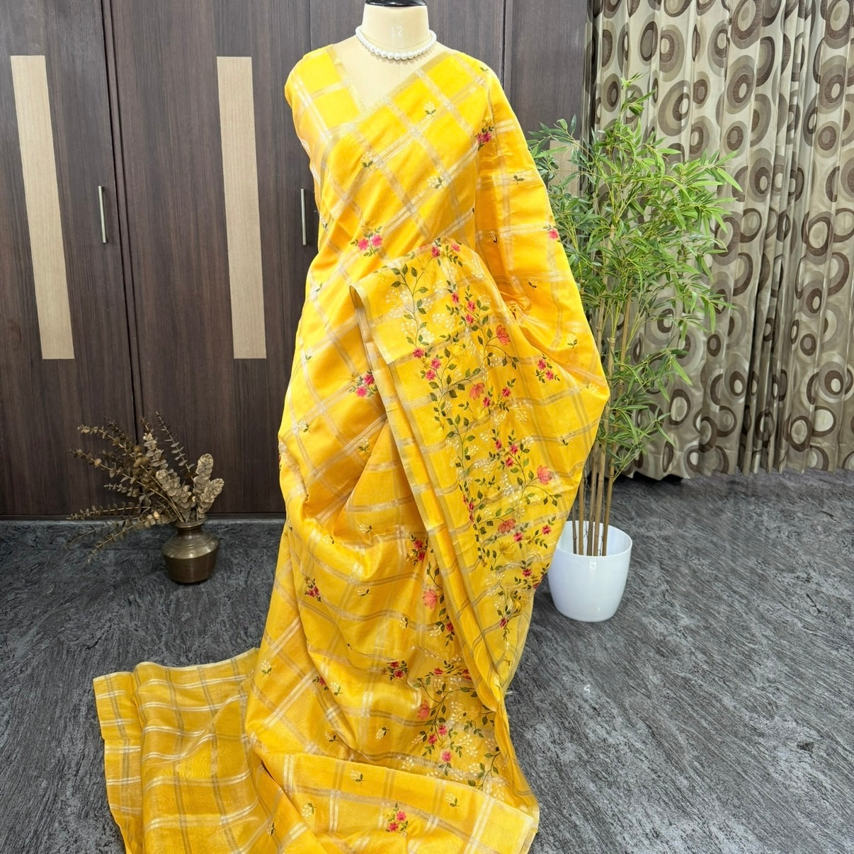 Mustard Chekcs Floral Embroidery Semi Tussar Saree