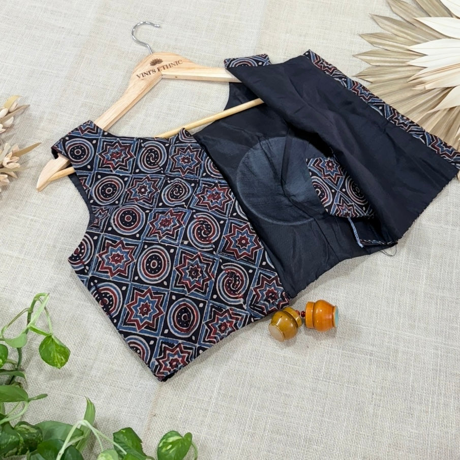 Black with Rust Red Ajrakh Printed Cotton Blouse