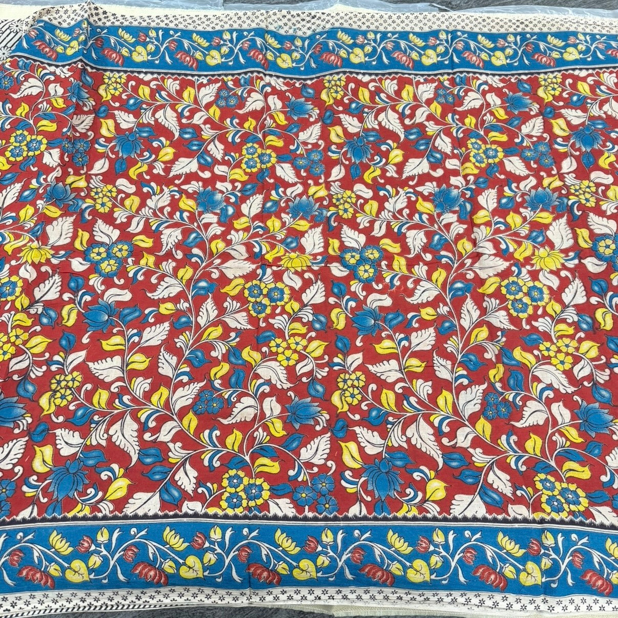 Red with Blue Floral Kalamkari Cotton Saree