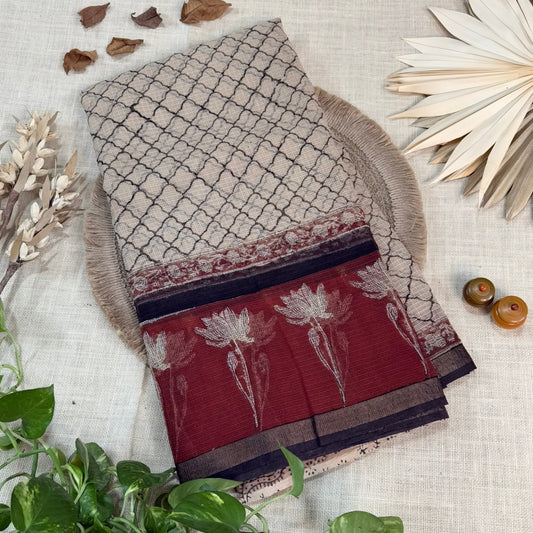 Beige Maroon Floral Pure Kota Doriya Saree