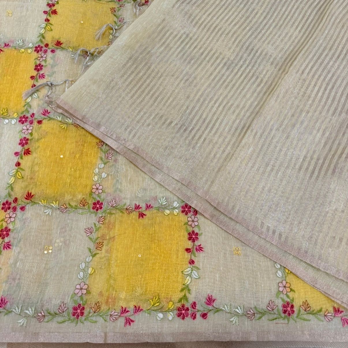 Yellow Floral Embroidery Tissue Linen Saree