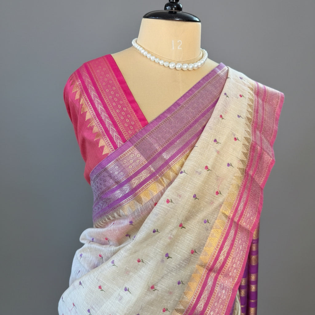 Beige Pink Lilac Floral Embroidery Linen Saree