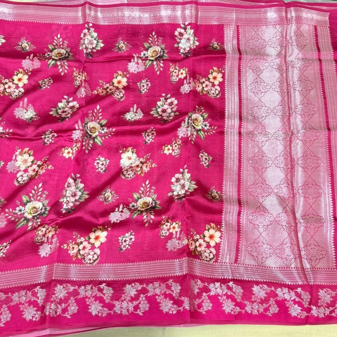 Pink Floral Digital Raw Mango Silk Saree
