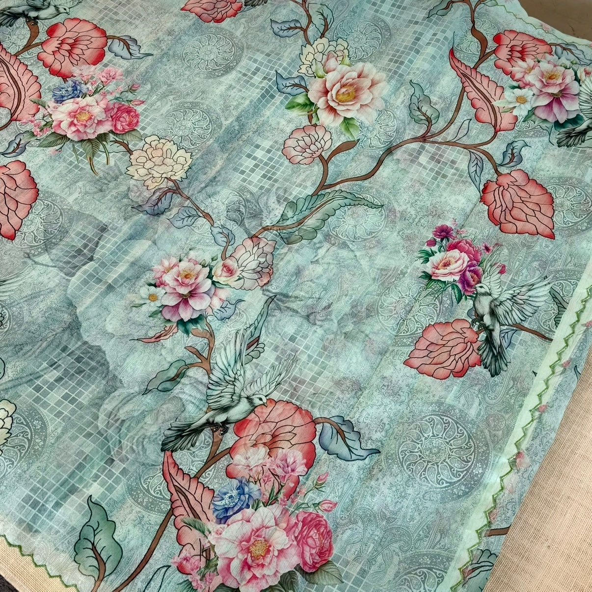 Sea Green Mandala Floral Semi Tussar Saree