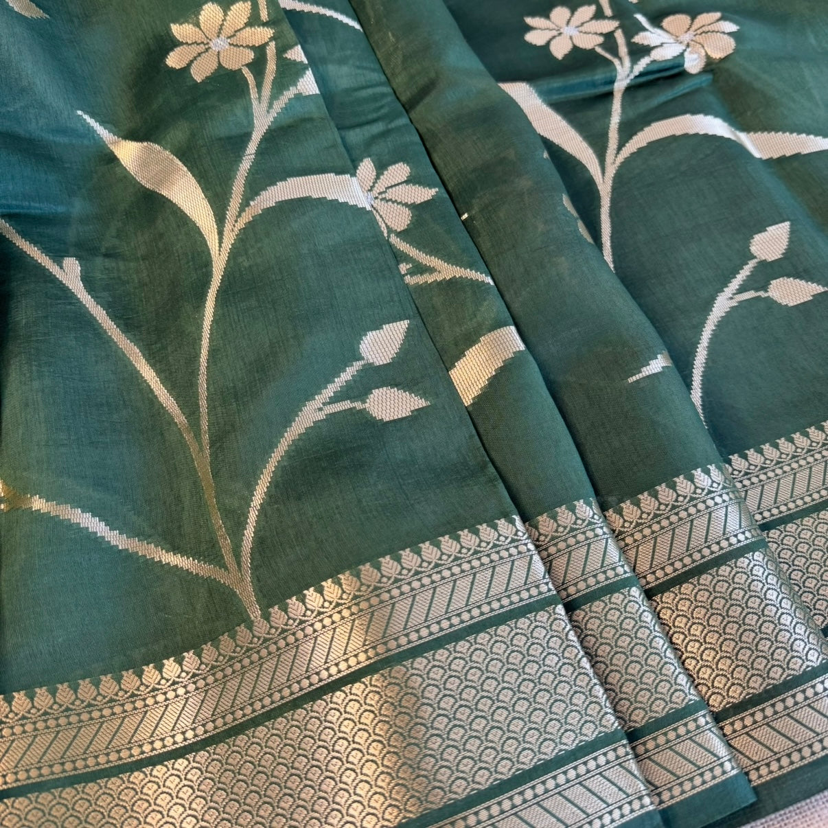 Bottle Green Pure Raw Mango Banarasi Silk Saree