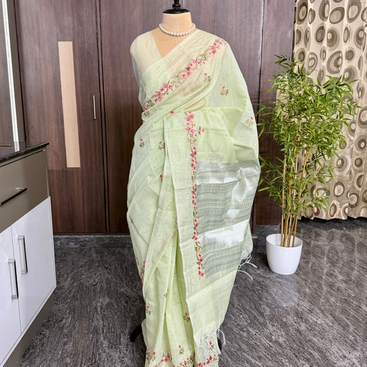 Pista Green Pink Floral Embroidery Linen Mirror Saree