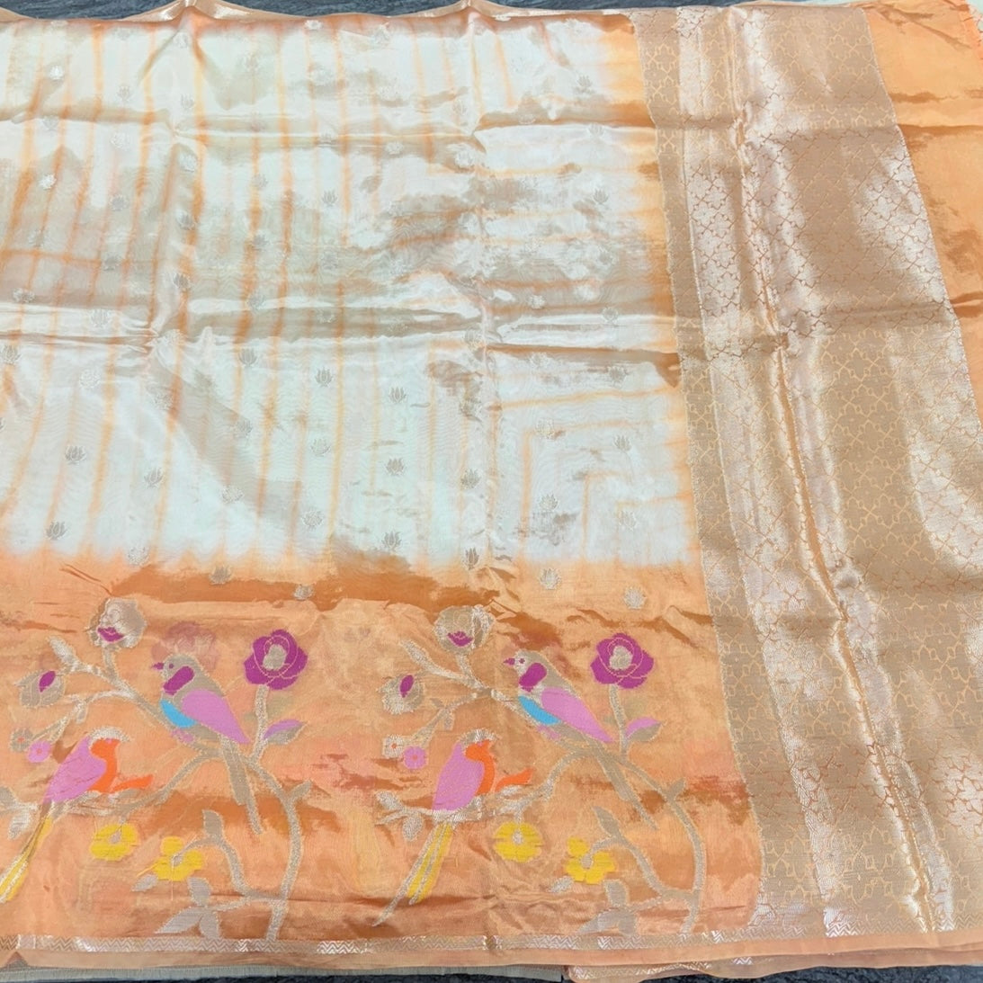 Orange Off White Floral Paper Silk Saree