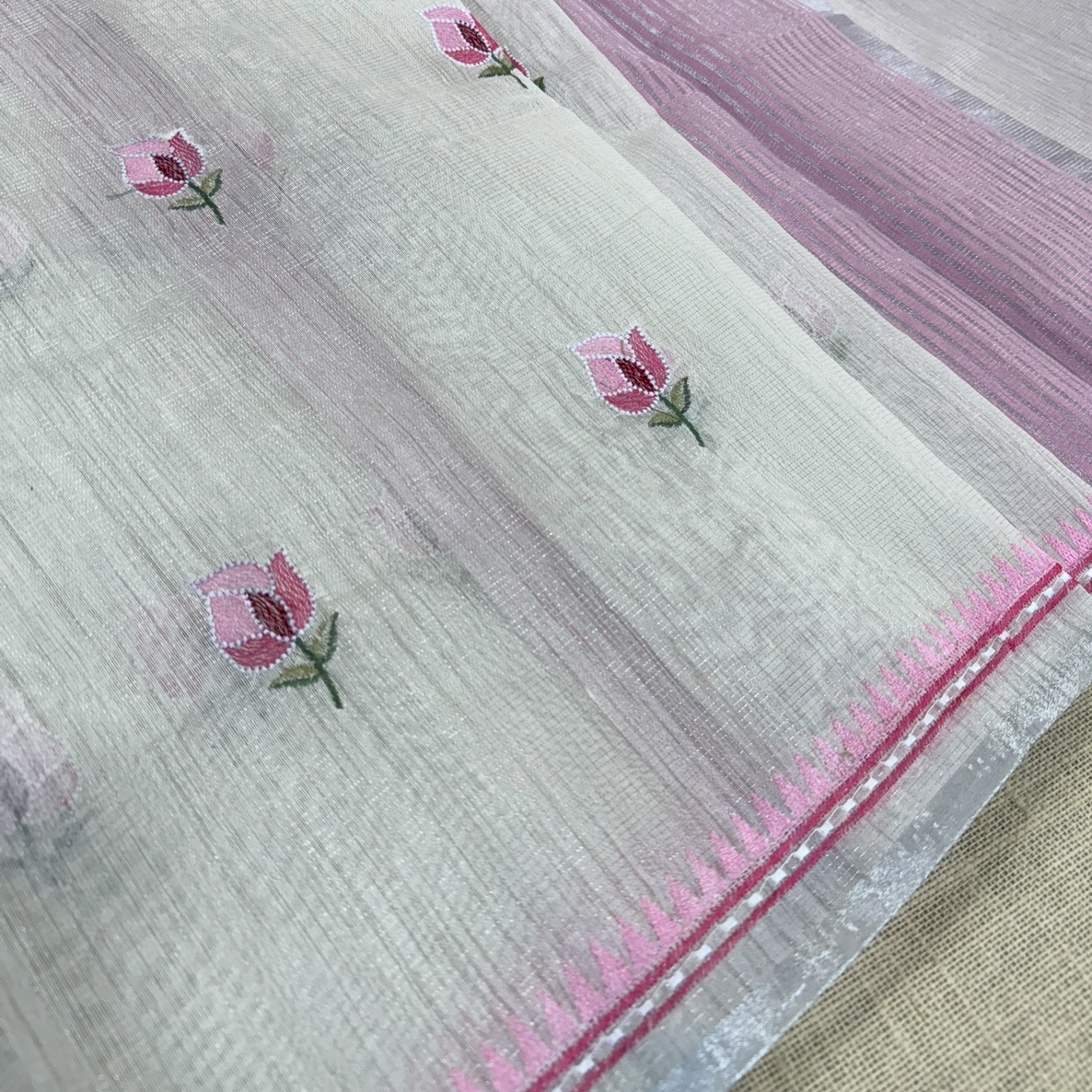 Off white Pink Floral Tissue Embroidery Silver Fancy Tussar Saree