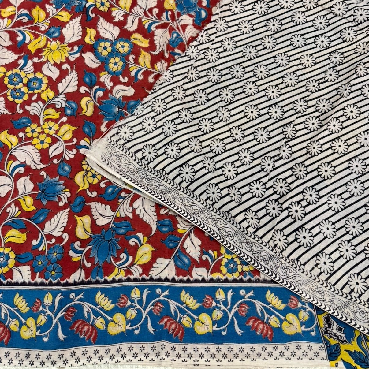 Red with Blue Floral Kalamkari Cotton Saree