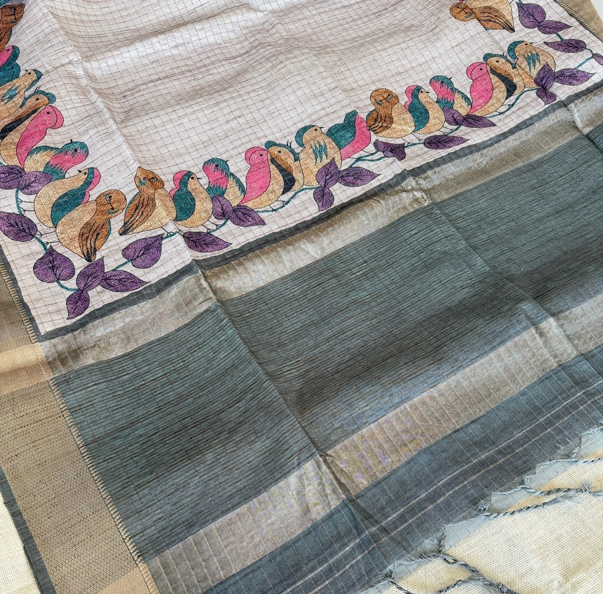 Grey Bird Kota Checks Semi Tussar Saree