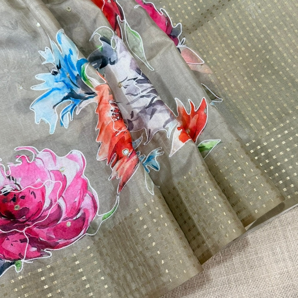 Olive Floral Fancy Embroidery Saree