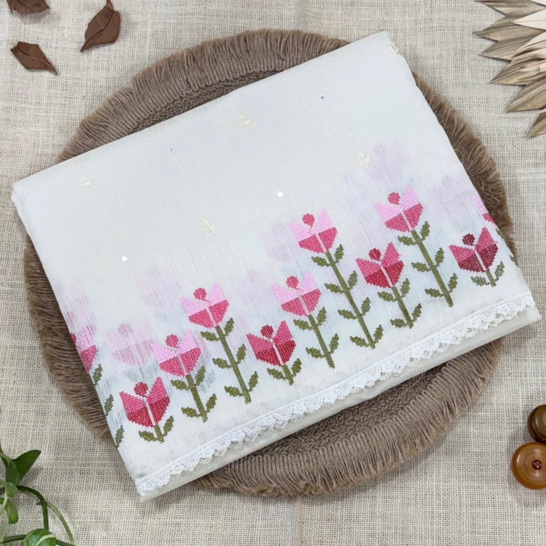 White n Pink Floral Cross Stitch Embroidery Linen Saree