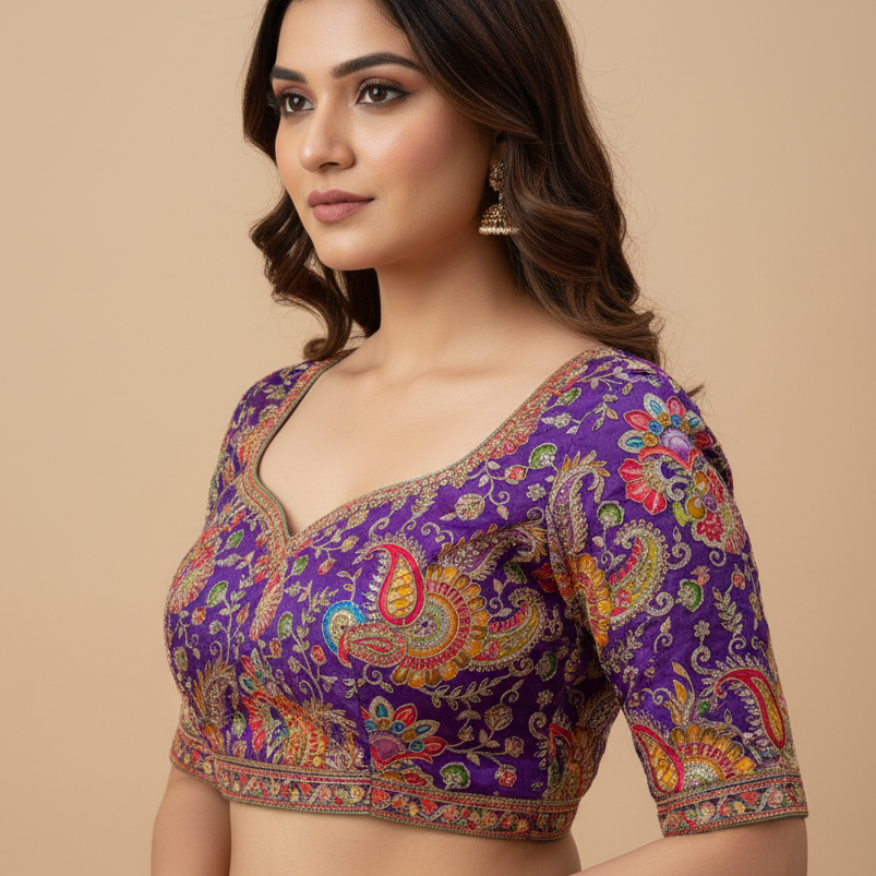 Purple Designer Paisley Floral Embroidery Crepe Blouse Fabric