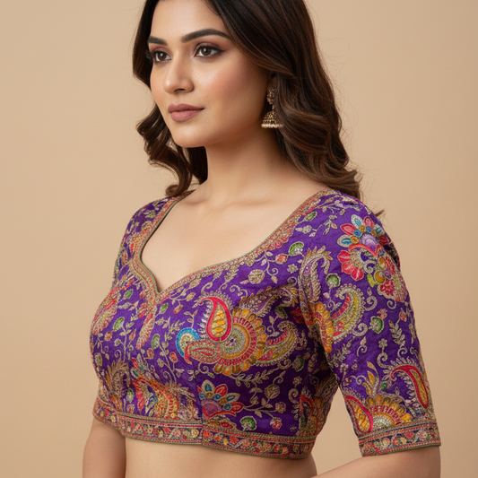 Purple Designer Paisley Floral Embroidery Crepe Blouse Fabric