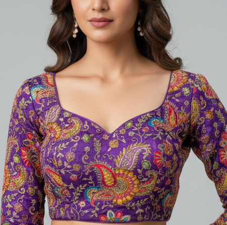 Purple Designer Paisley Floral Embroidery Crepe Blouse Fabric