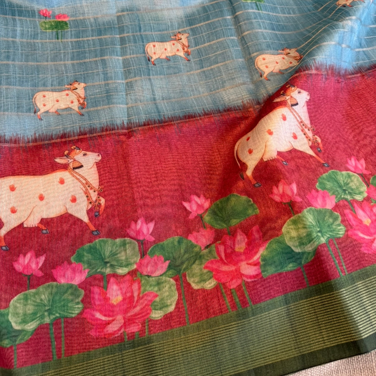 Sky Blue n Brown Pichwai cow lotus Semi Tussar Saree