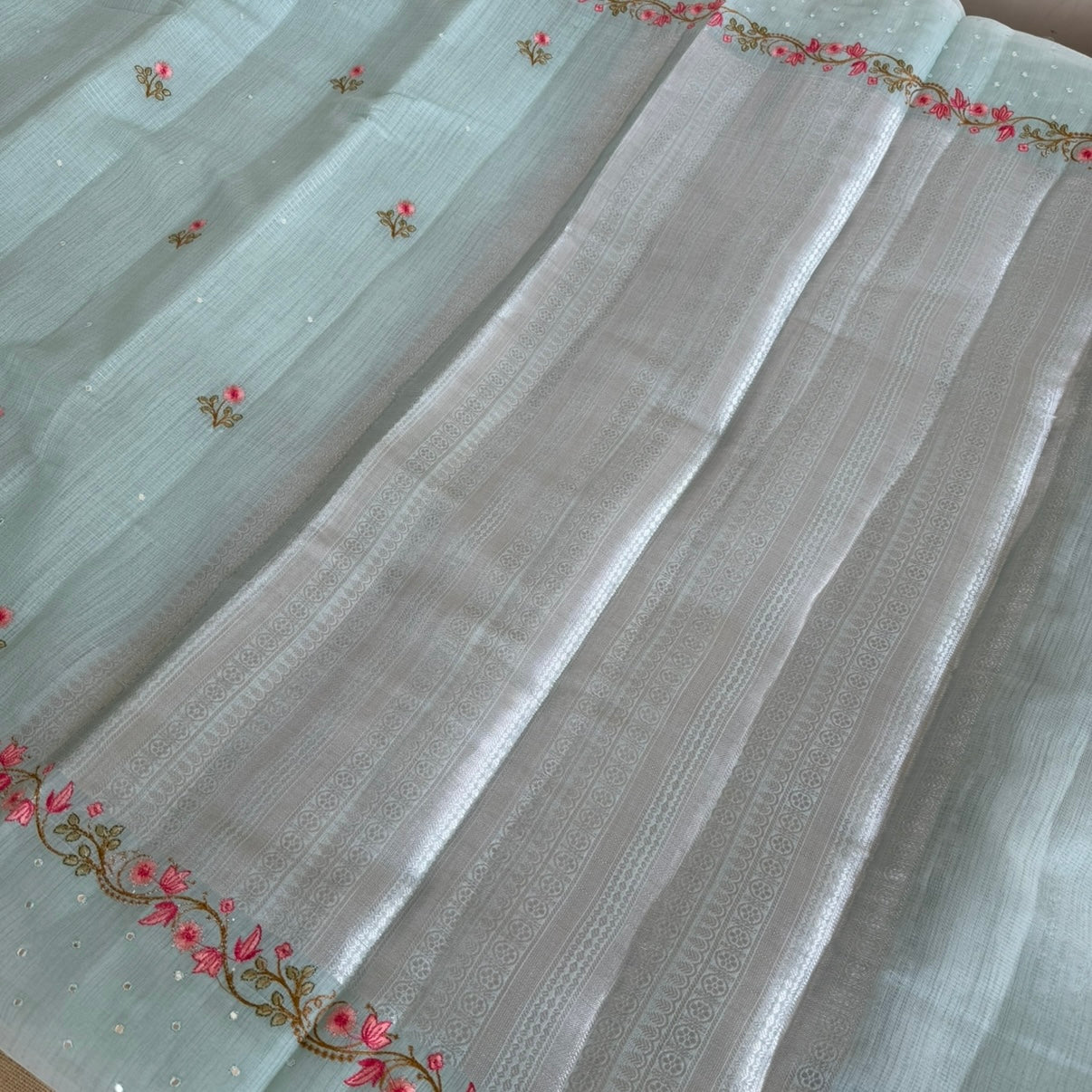 Baby Blue Pink Floral Embroidery Linen Mirror Saree