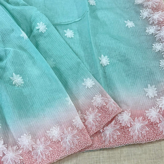Aqua Blush Floral Embroidered Kota Saree