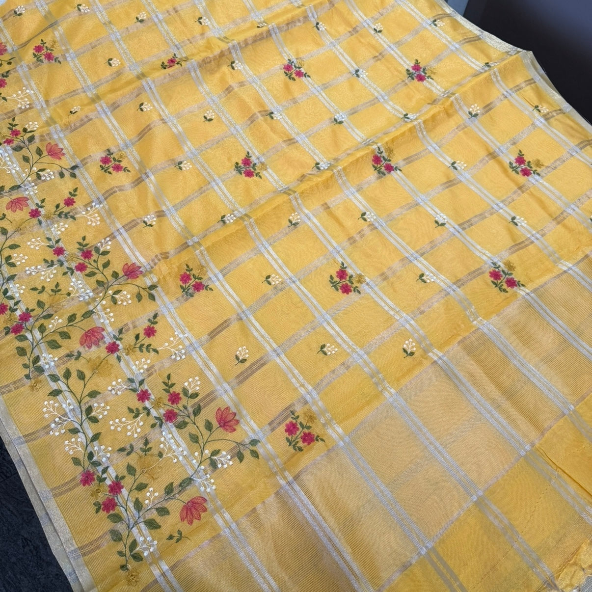 Mustard Chekcs Floral Embroidery Semi Tussar Saree