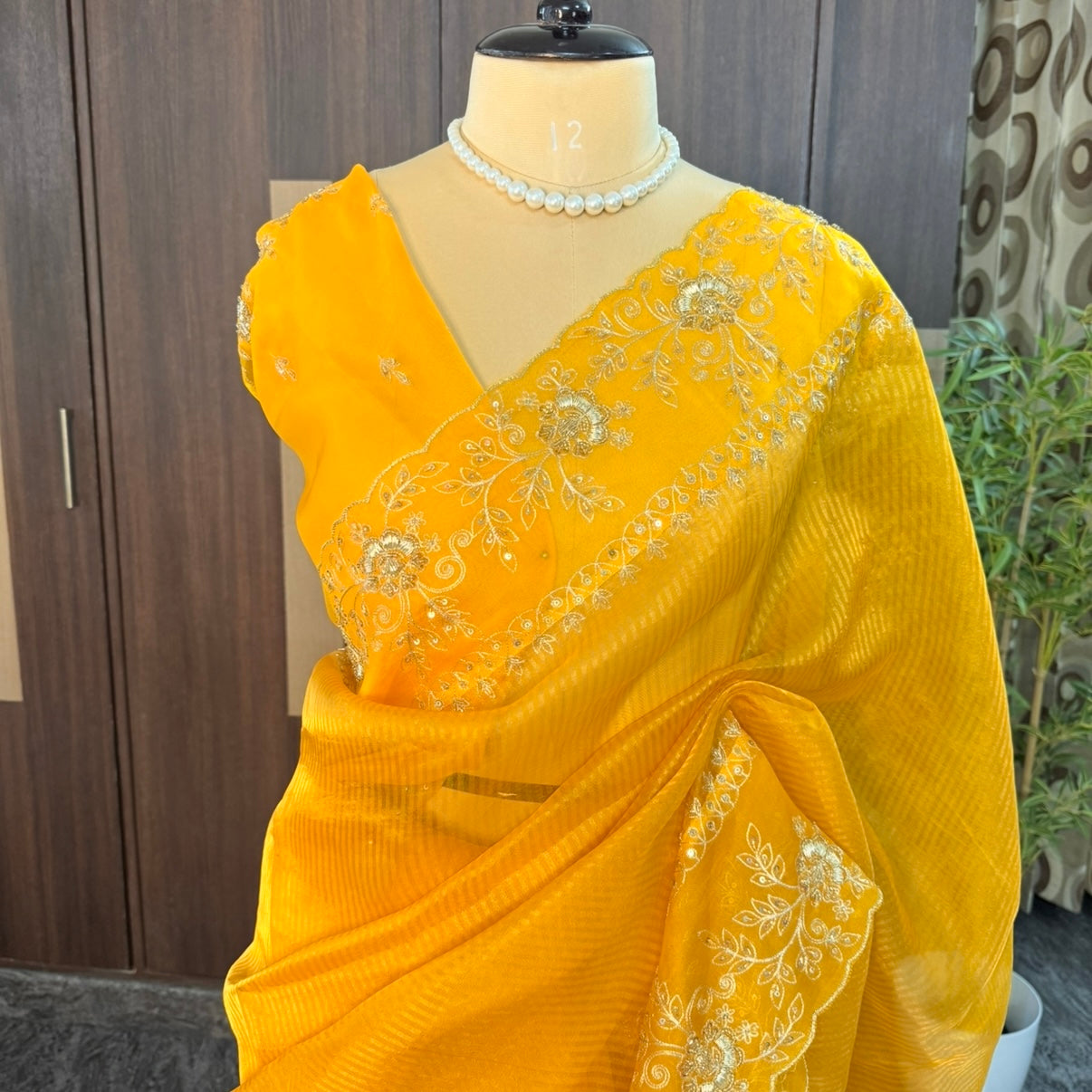 Yellow Pure Tissue with Hand Aari Embroidery Silk Saree
