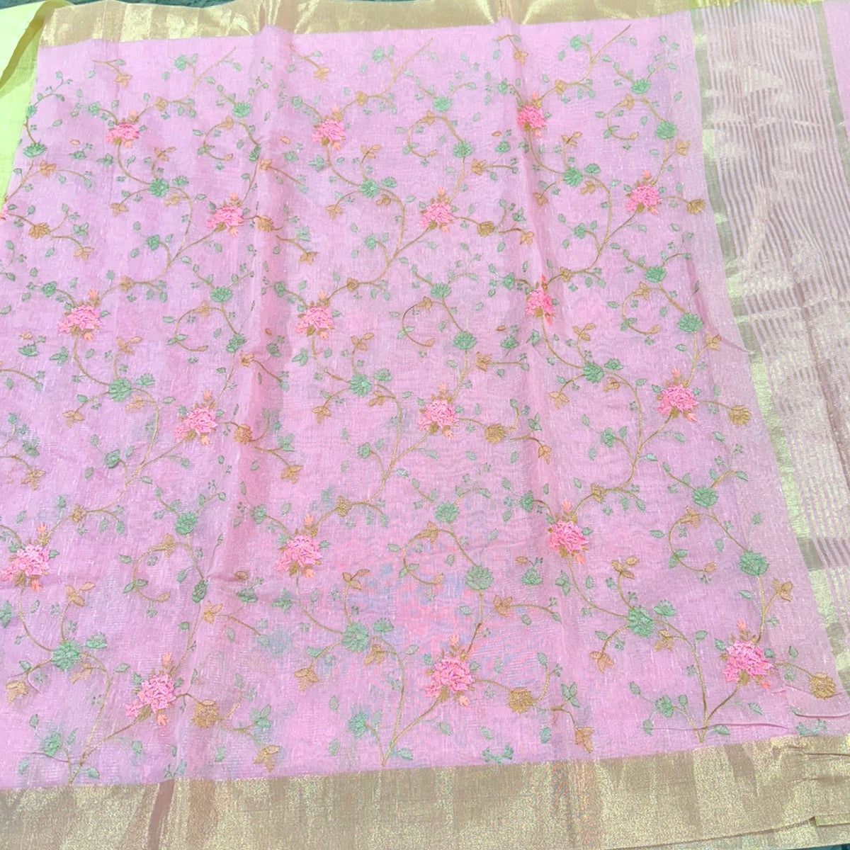 Blush Pink Floral Embroidery Tissue Saree