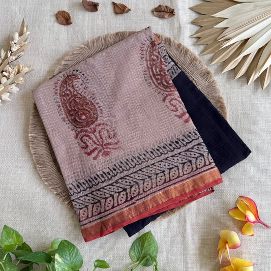 Black with Beige Pure Kota Doriya Saree