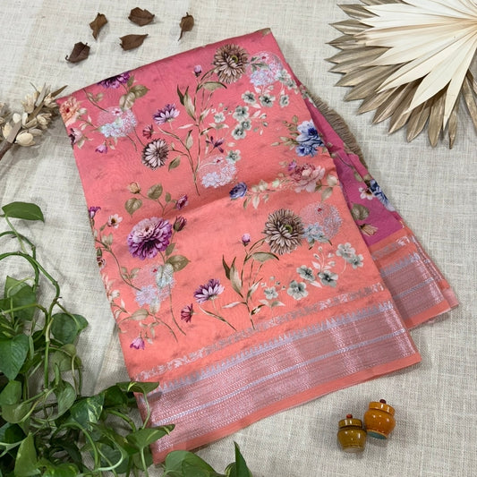 Peach with Pink Floral Ombré Digital Raw Mango Silk Saree