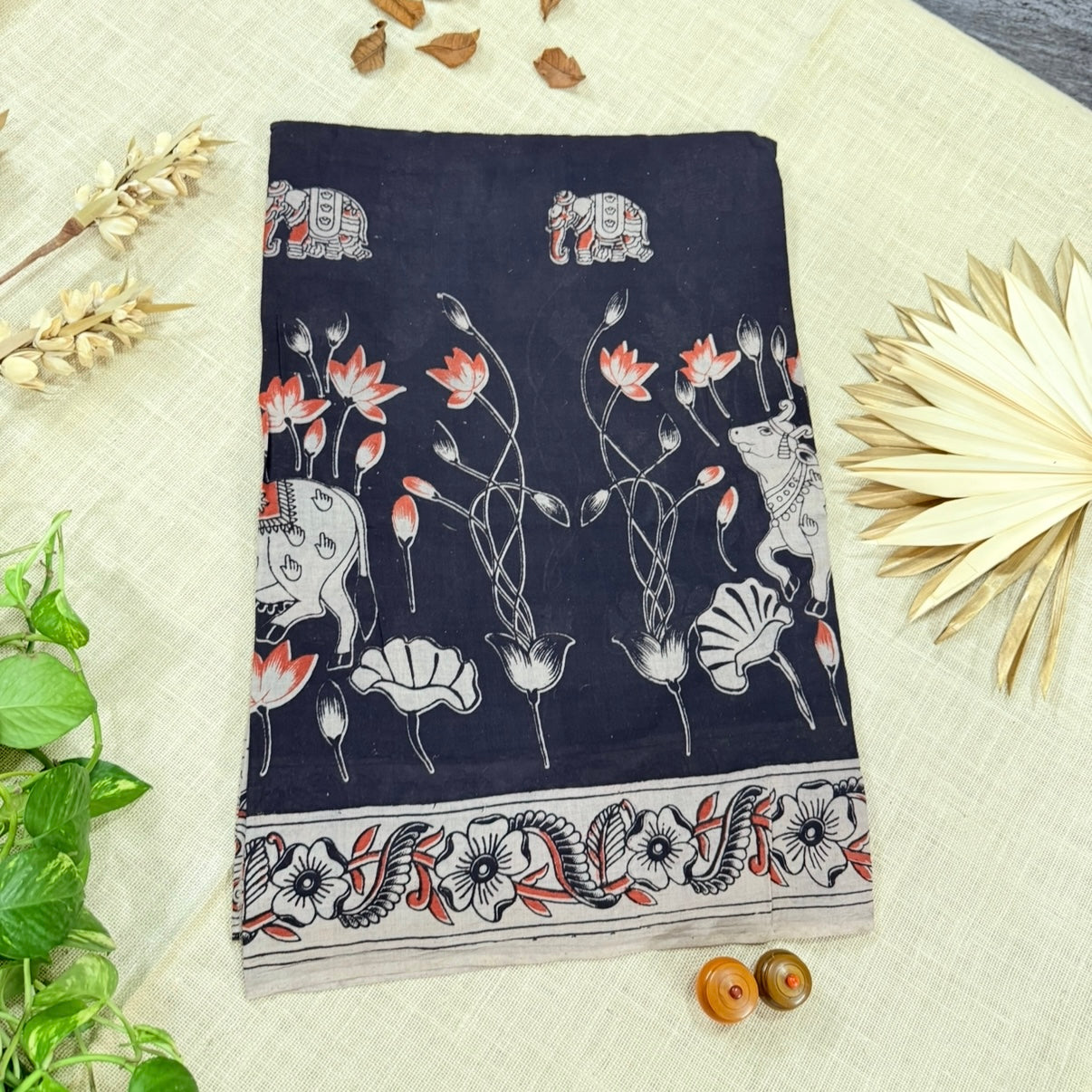 Black Pichwai Kalamkari Cotton Saree