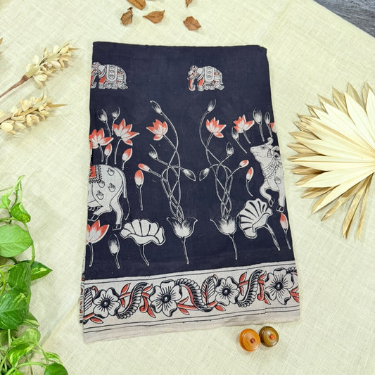 Black Pichwai Kalamkari Cotton Saree