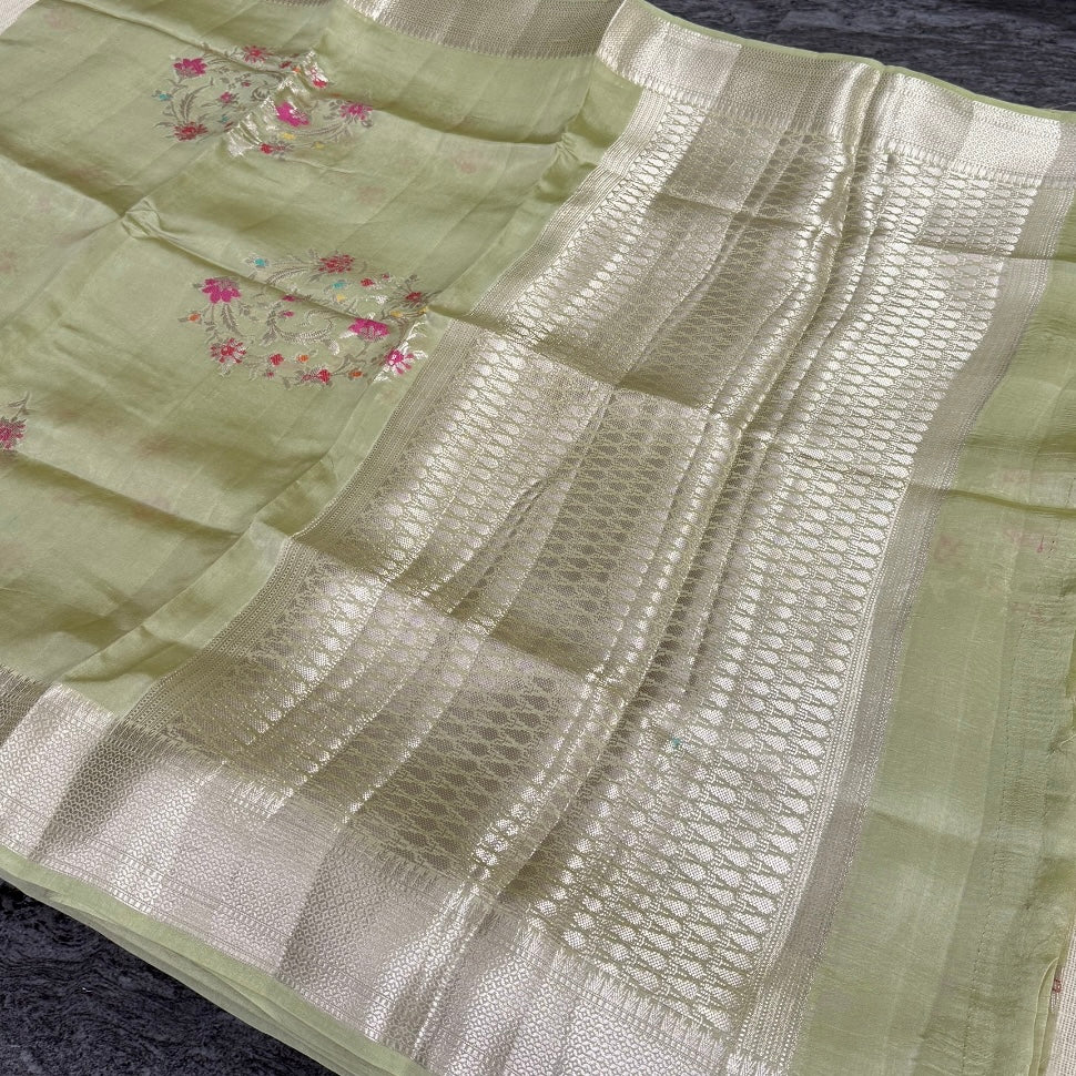 Olive Floral Kora Silk Saree