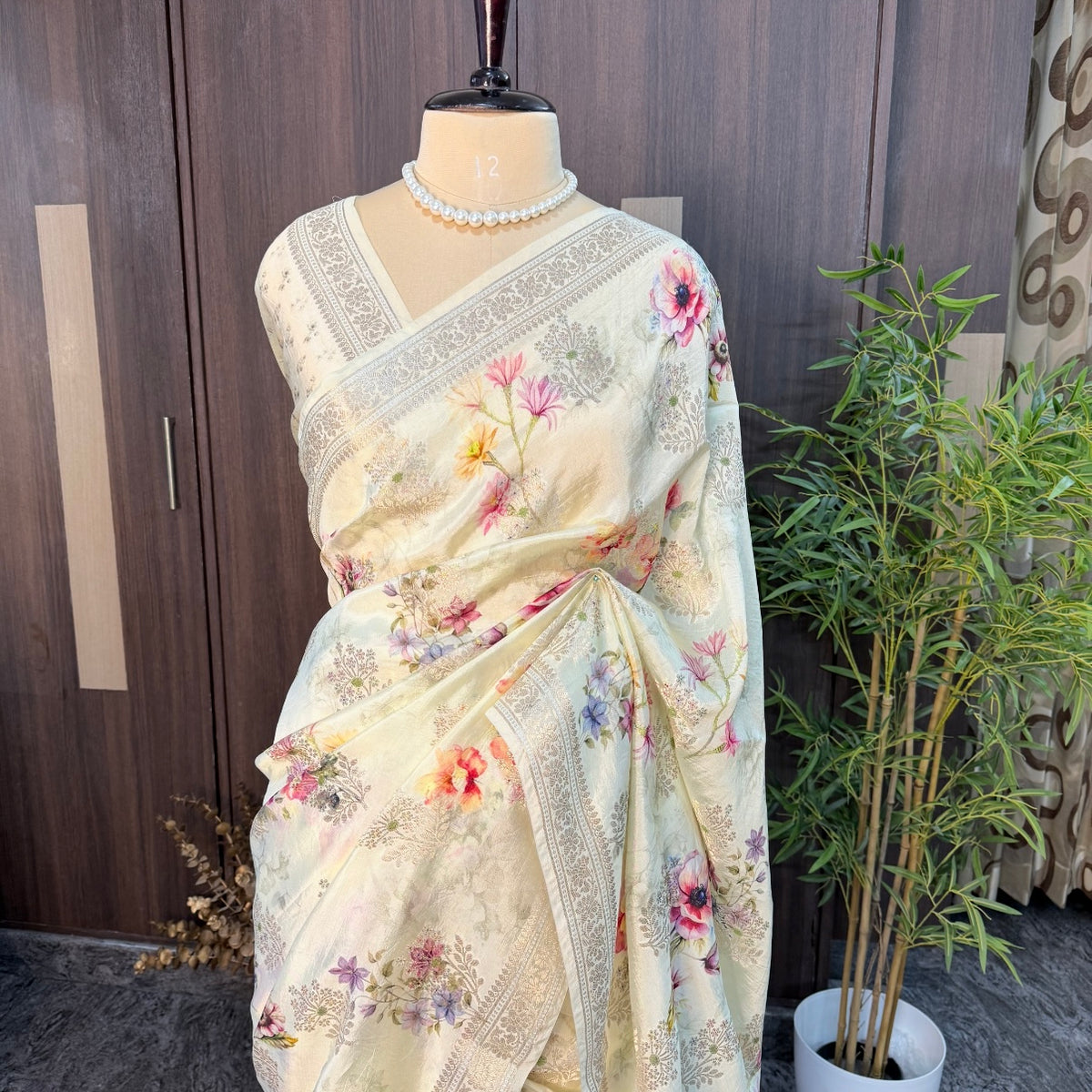 Off white Floral Crepe Silk Saree