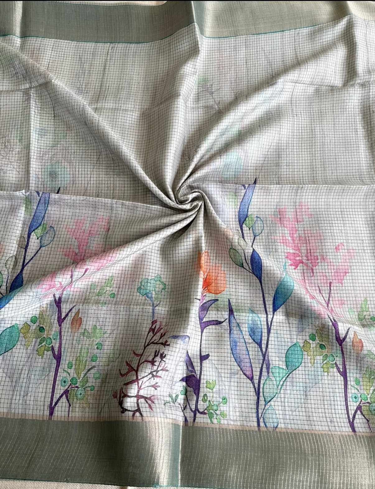Turquoise Floral Kota Checks Tussar Saree