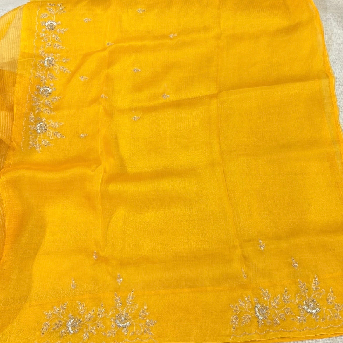 Yellow Pure Tissue with Hand Aari Embroidery Silk Saree