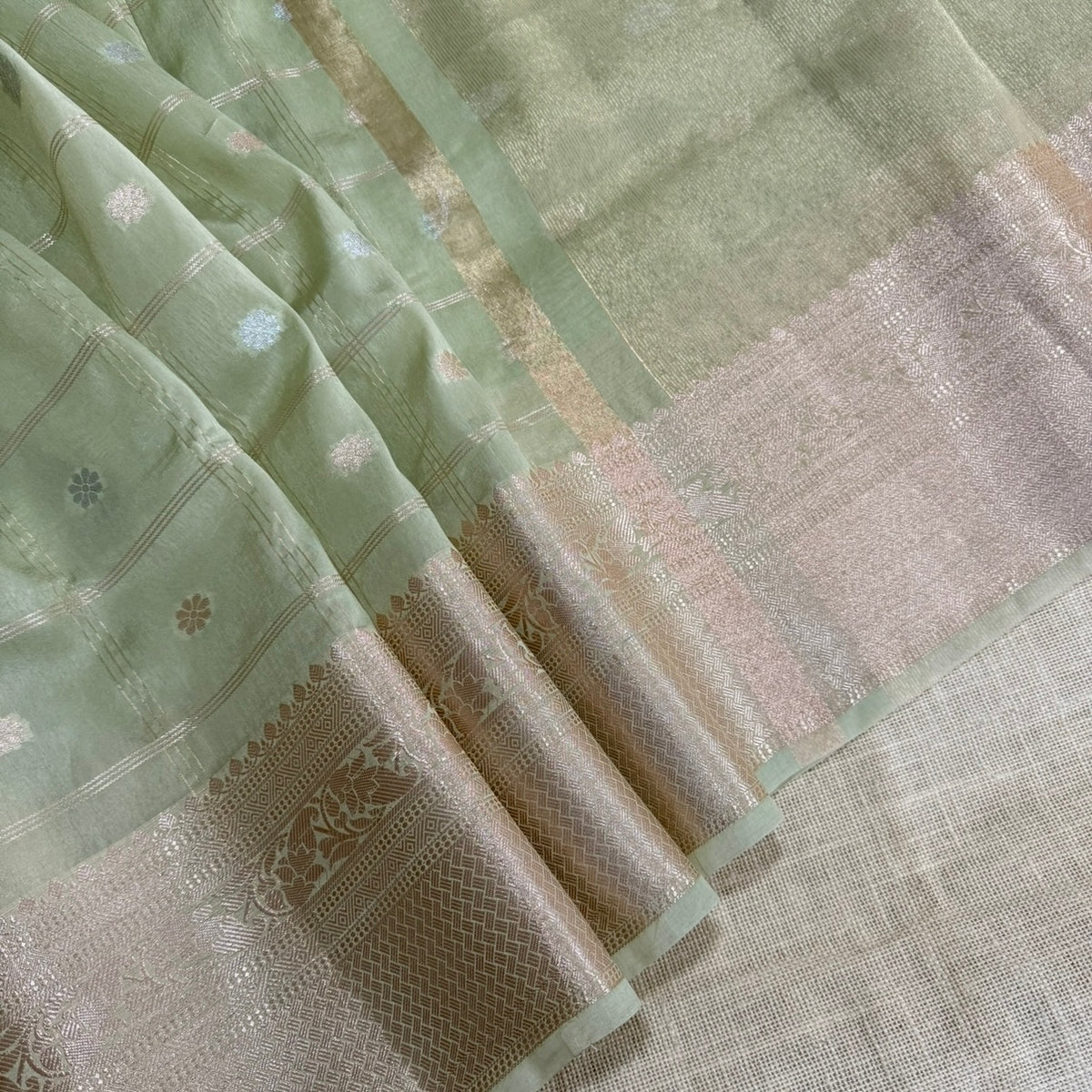 Pastel Green Checked Kora Silk Saree