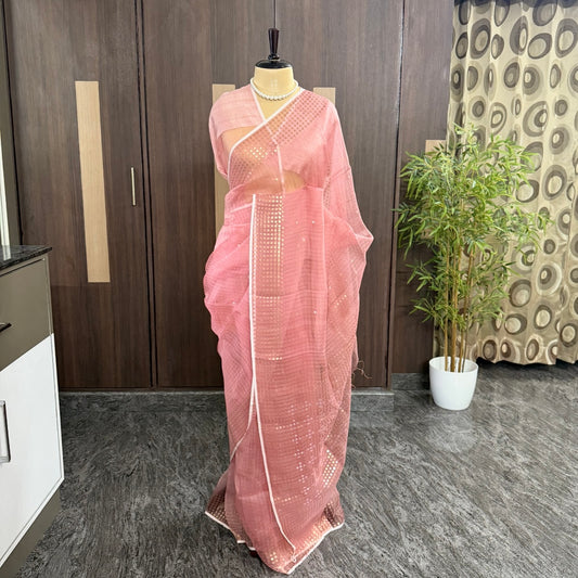 Peach Pink Pure Kora Muslin Sequin Silk Saree