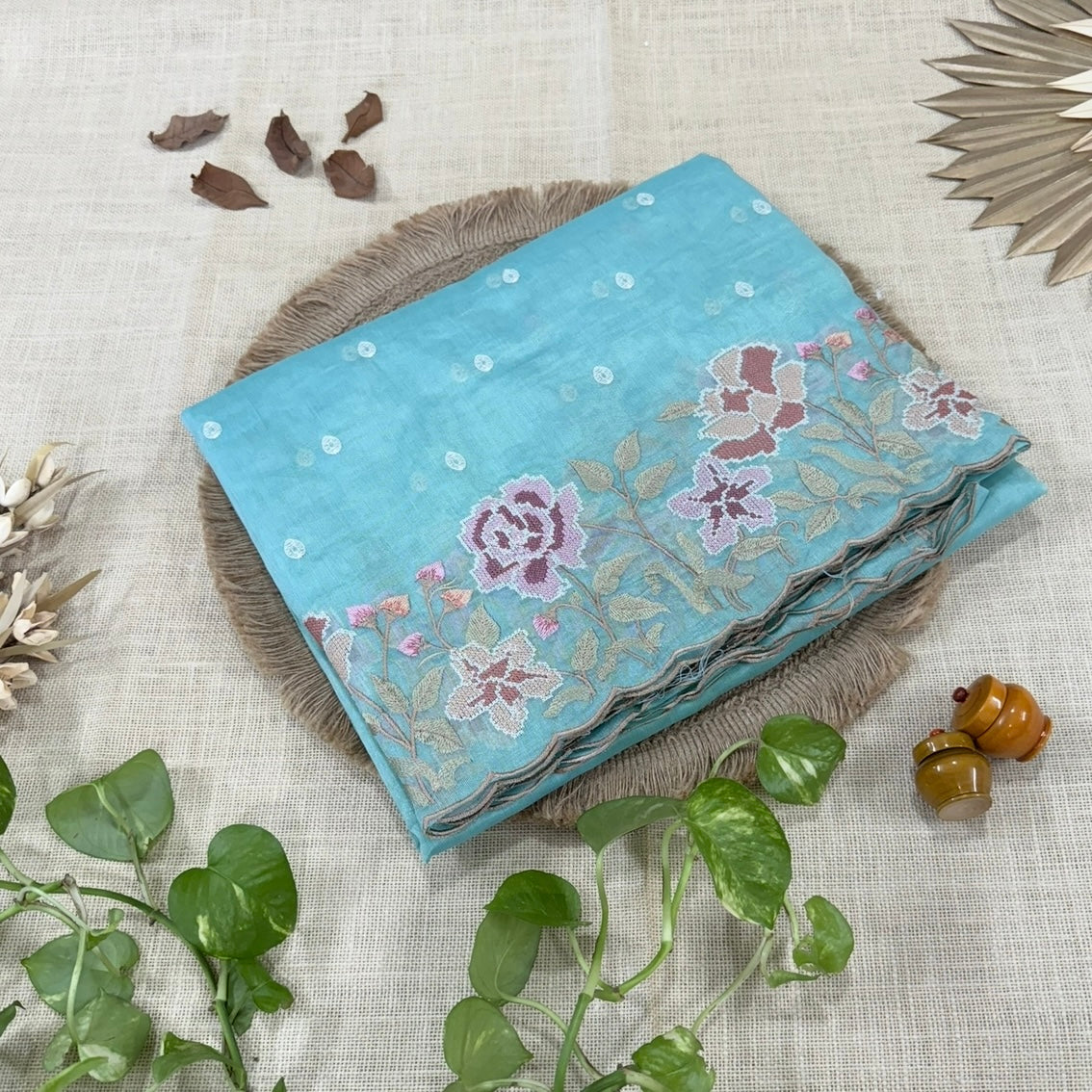 Sea green Floral Shimmer Tussar Saree